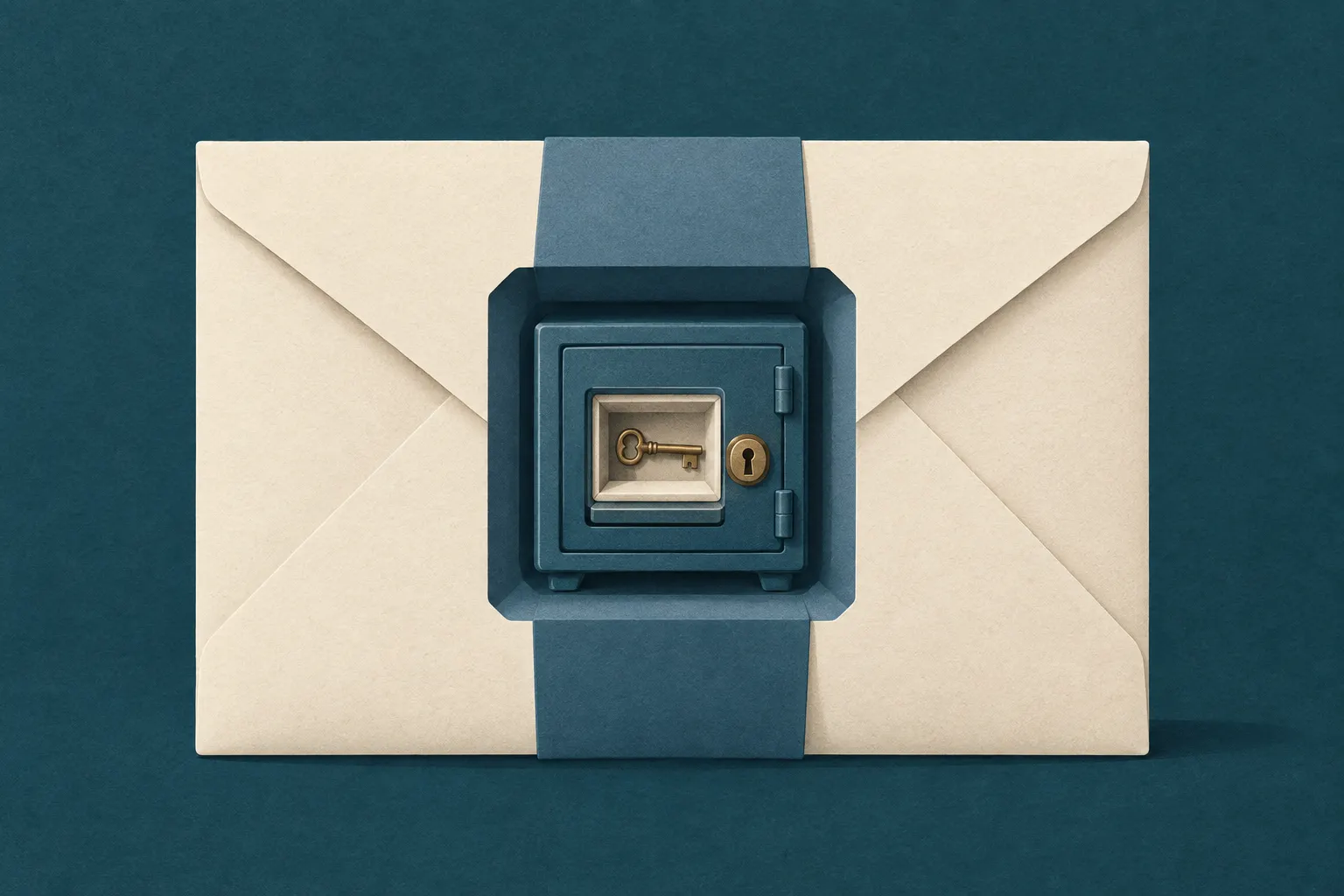 Een grote gesloten envelop met daarin een kleine sleutel in een eigen kistje.